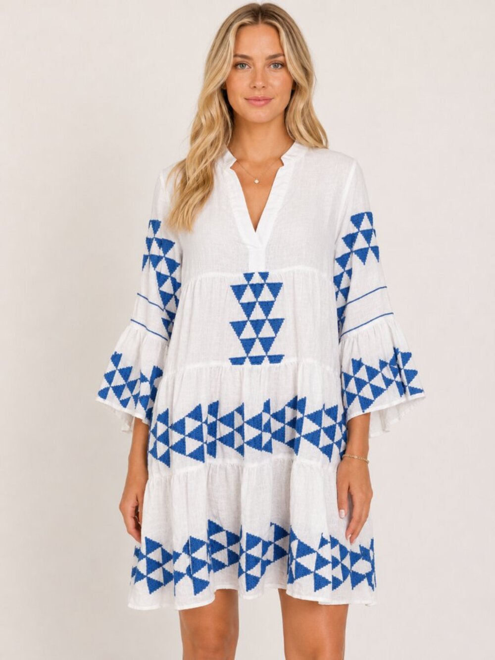 Greek Archaic Kori 100% Linen White Blue Embroidered Tunic Dress Boho Size Med